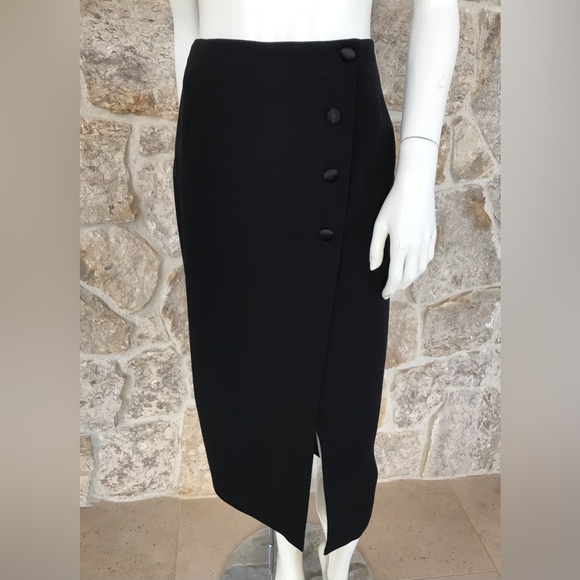 Vintage 1990s Anne Klein II Black Tuxedo Stripe Wrap Front Skirt Classic Elegant - Picture 8 of 16